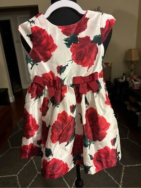 Gymboree White Dress with Red Rose Print and Green Accents